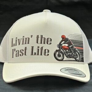 White mesh snapback hat with “Livin’ the Fast Life” text and vintage motorcycle graphic on the front panel