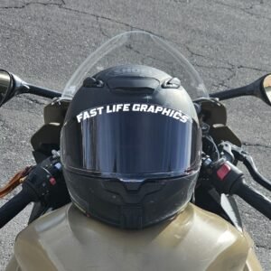 Black Helmet on Tan Bike With Fast Life Graphics Text Decal
