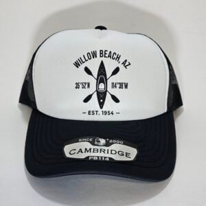 White foam front and black mesh trucker hat featuring a minimalist black kayak and crossed paddle design with Willow Beach, AZ coordinates and establishment year printed on the front panel.