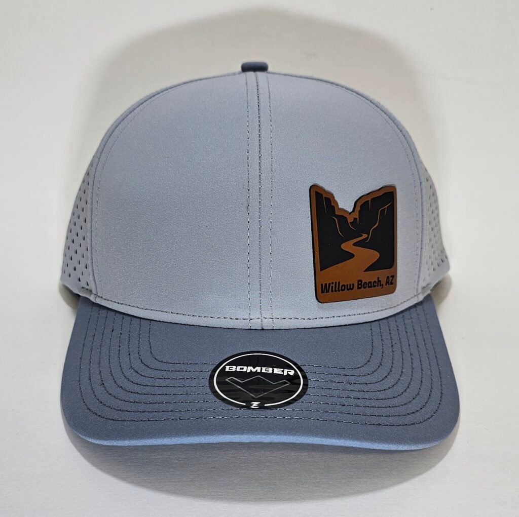 Light gray Bomber performance hat with Willow Beach AZ canyon river patch and gray bill.