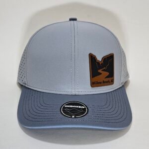 Light gray Bomber performance hat with Willow Beach AZ canyon river patch and gray bill.