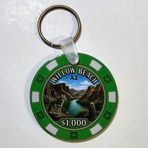 Emerald green Willow Beach Arizona poker chip keychain featuring a Black Canyon river scene with a coyote, barrel cactus, and attached metal key ring.