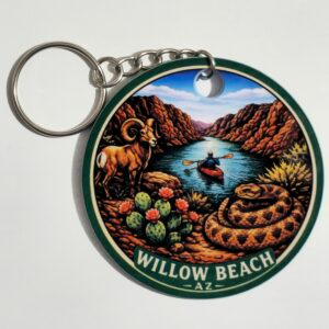 Willow Beach Arizona scenic keychain with canyon river kayaker bighorn sheep and rattlesnake