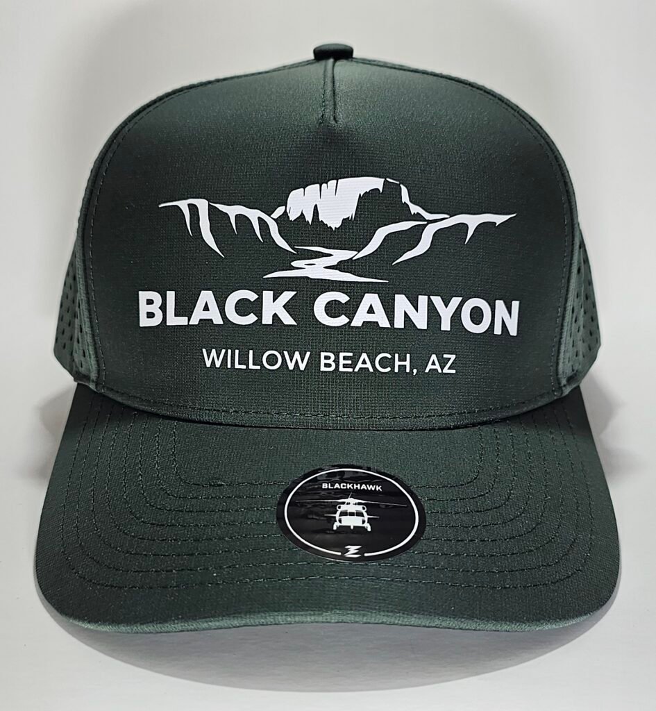 orest green Zapped Blackhawk snapback hat with white Black Canyon Willow Beach Arizona canyon and river graphic