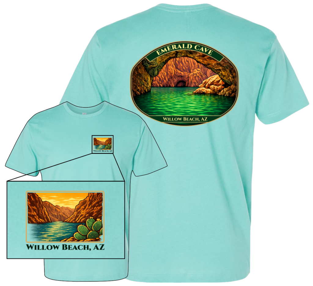 Front and back mockup of Emerald Cave Willow Beach, AZ graphic T-shirt with chest logo and large back design.