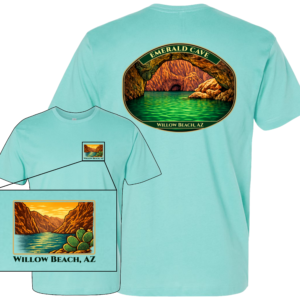 Front and back mockup of Emerald Cave Willow Beach, AZ graphic T-shirt with chest logo and large back design.