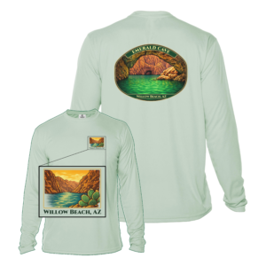 Emerald Cave Willow Beach Arizona long sleeve UPF 50 performance shirt with canyon and river graphic front and back