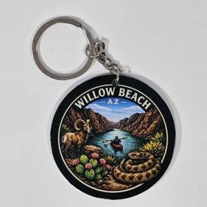 Willow Beach Arizona scenic keychain with canyon river kayaker bighorn sheep and rattlesnake