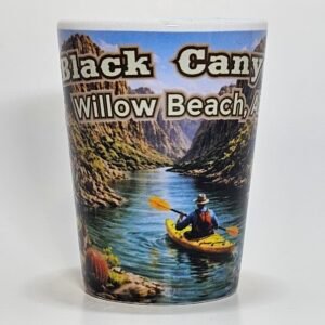 Black Canyon Willow Beach Arizona shot glass with kayak on Colorado River