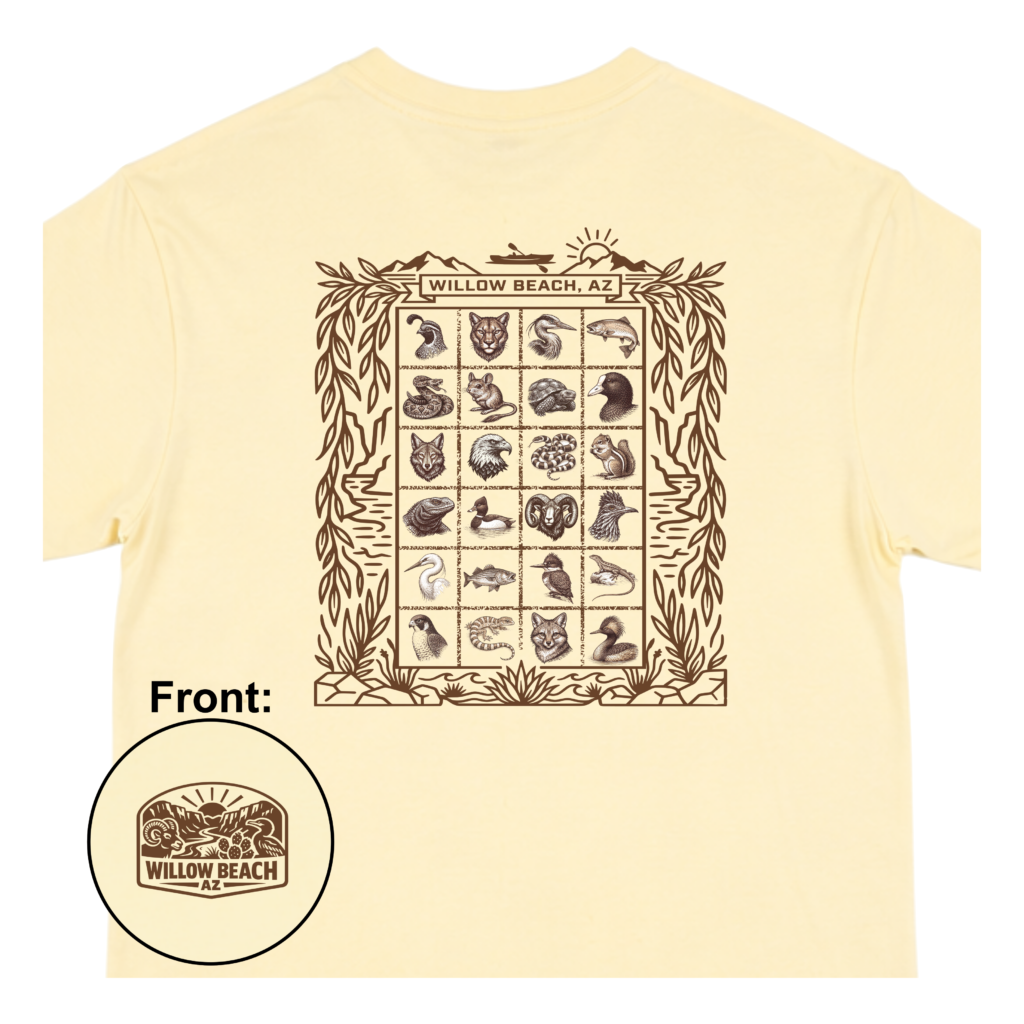 Willow Beach AZ recycled fabric t-shirt with desert wildlife grid back print and small front logo eco friendly shirt