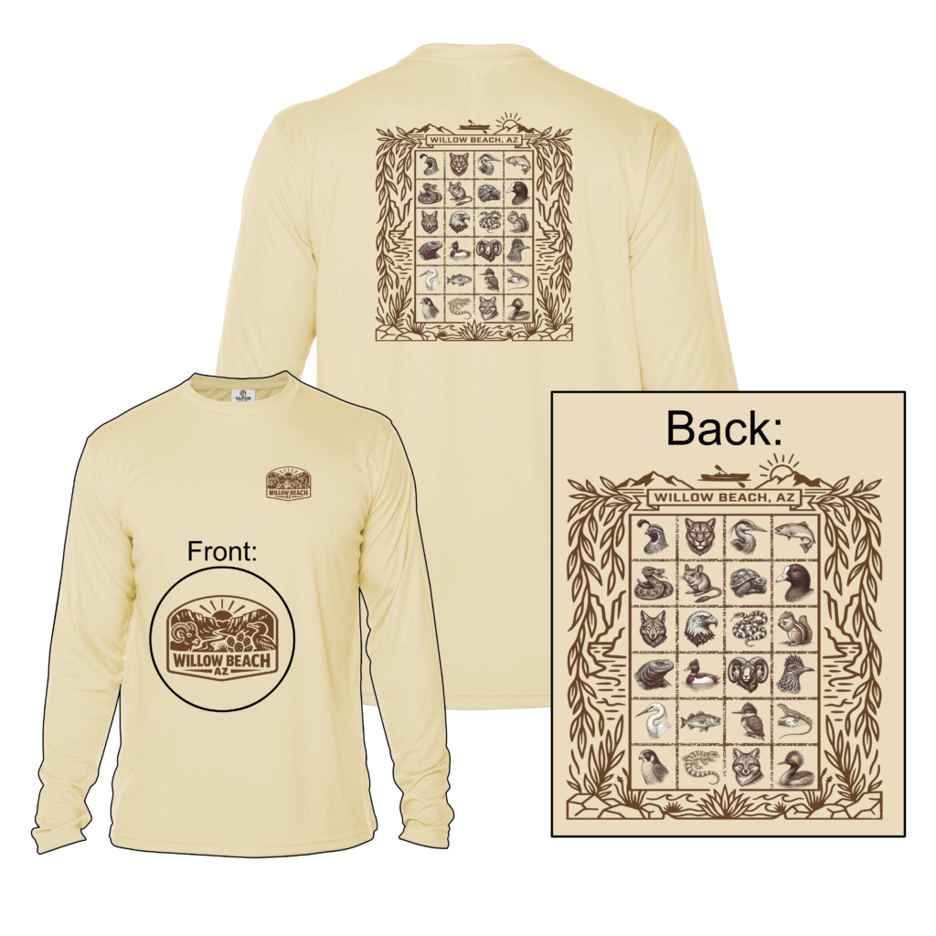 Light tan long sleeve performance shirt with Willow Beach AZ wildlife design on the back and small logo on the front chest