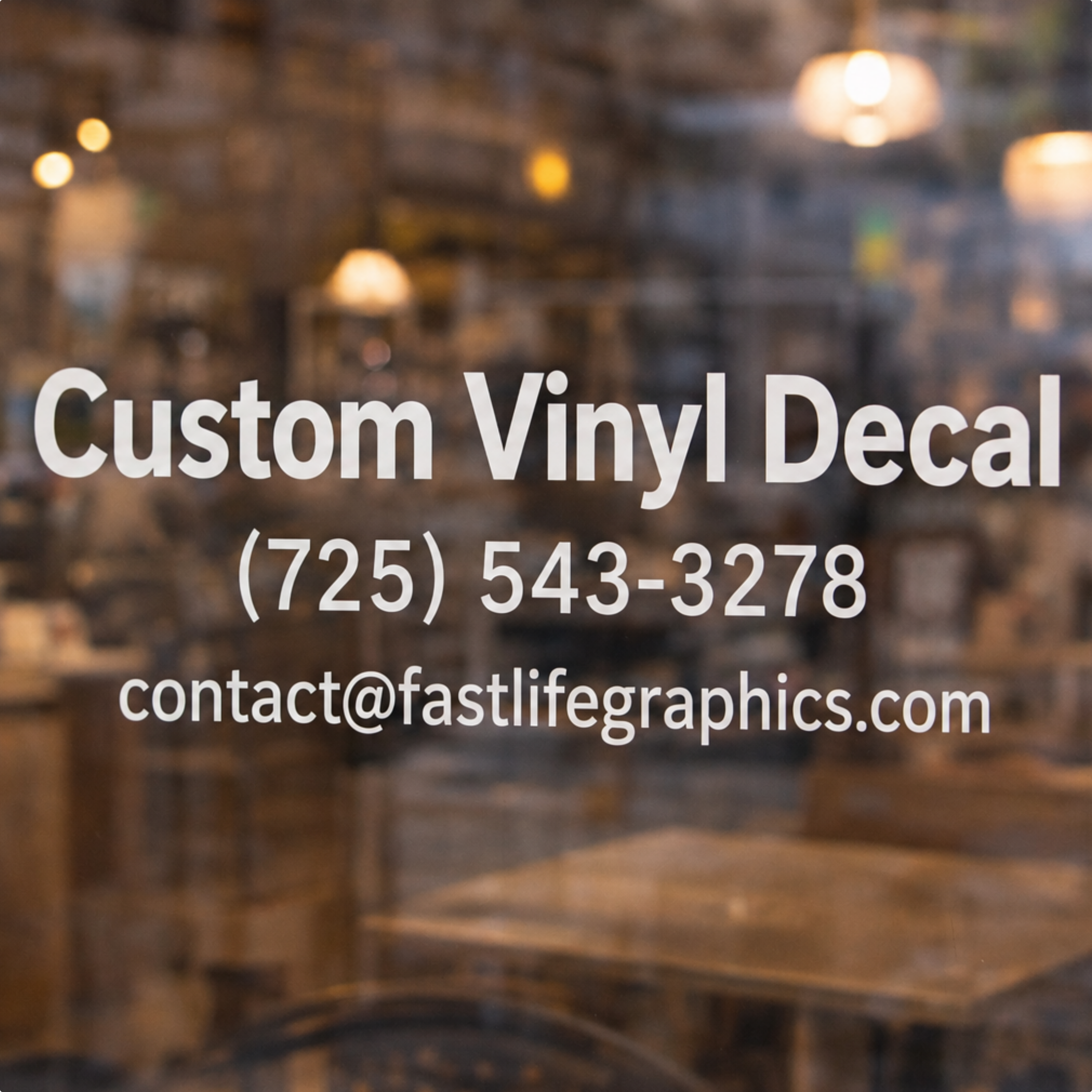 Custom white vinyl business decal with phone number and email applied to a glass window