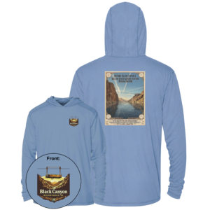 Light blue hooded performance shirt with vintage Black Canyon and Willow Beach Gauging Station graphic on the back and matching front chest logo.