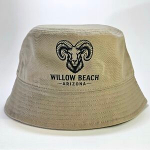 Khaki bucket hat with black bighorn sheep artwork and Willow Beach Arizona text printed on the front.