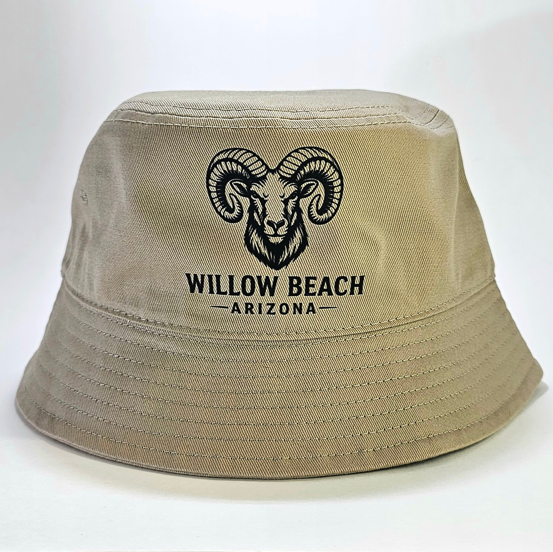 Khaki bucket hat with black bighorn sheep artwork and Willow Beach Arizona text printed on the front.