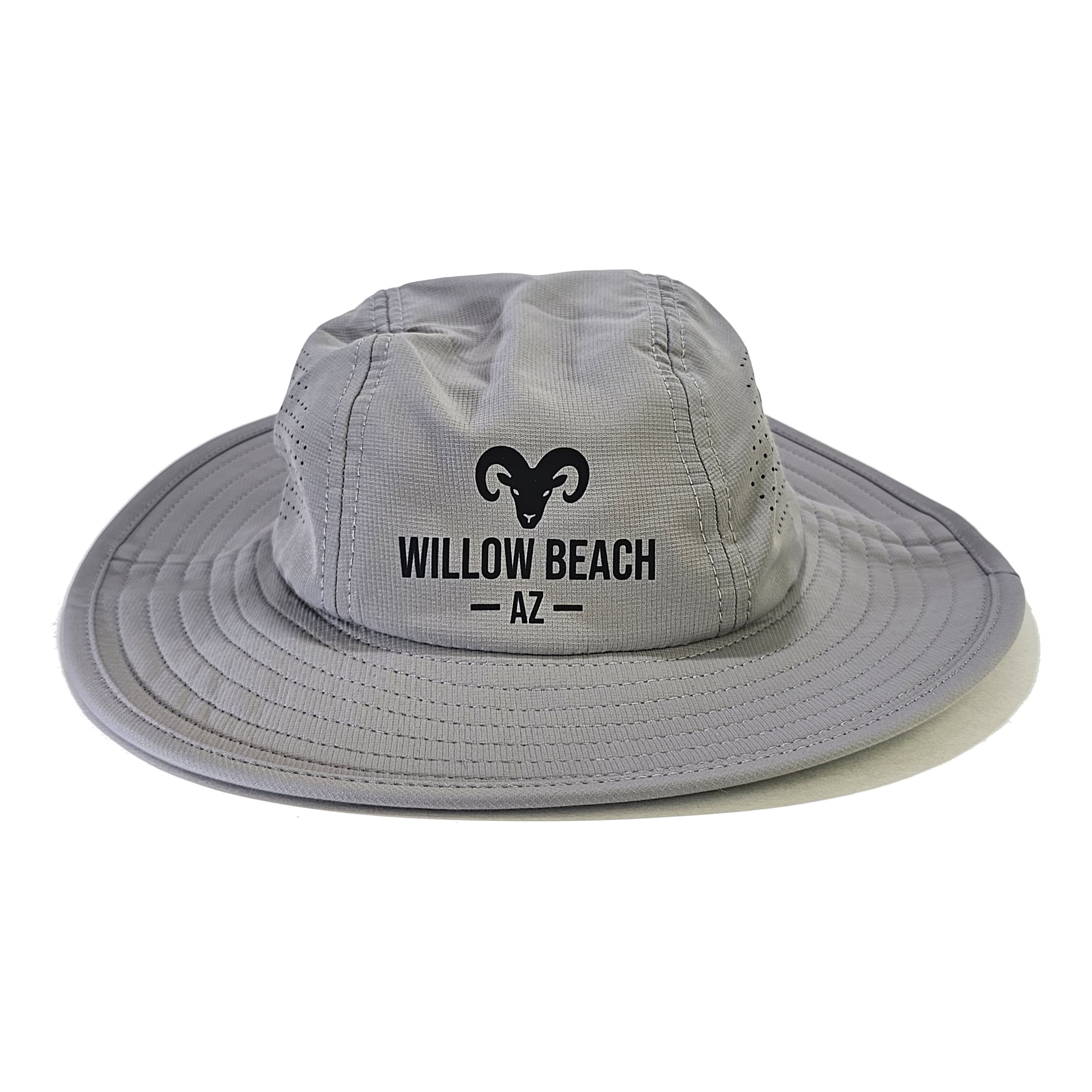 Light gray Dri-Duck packable performance booney hat featuring a black bighorn sheep logo and Willow Beach AZ text.