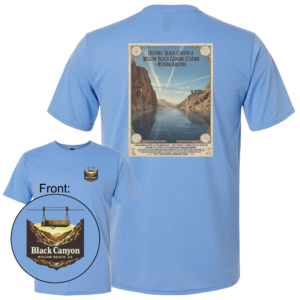Historic Black Canyon and Willow Beach Gauging Station shirt featuring a vintage Colorado River poster design on the back and matching chest logo on a blue Vapor SoftSpun performance T-shirt.