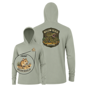 Light sage UPF performance hoodie featuring a Willow Beach Arizona rattlesnake back graphic and matching kangaroo chest logo on the front.