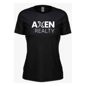 Black womens AXEN Realty T-shirt with a white DTF-printed logo across the front