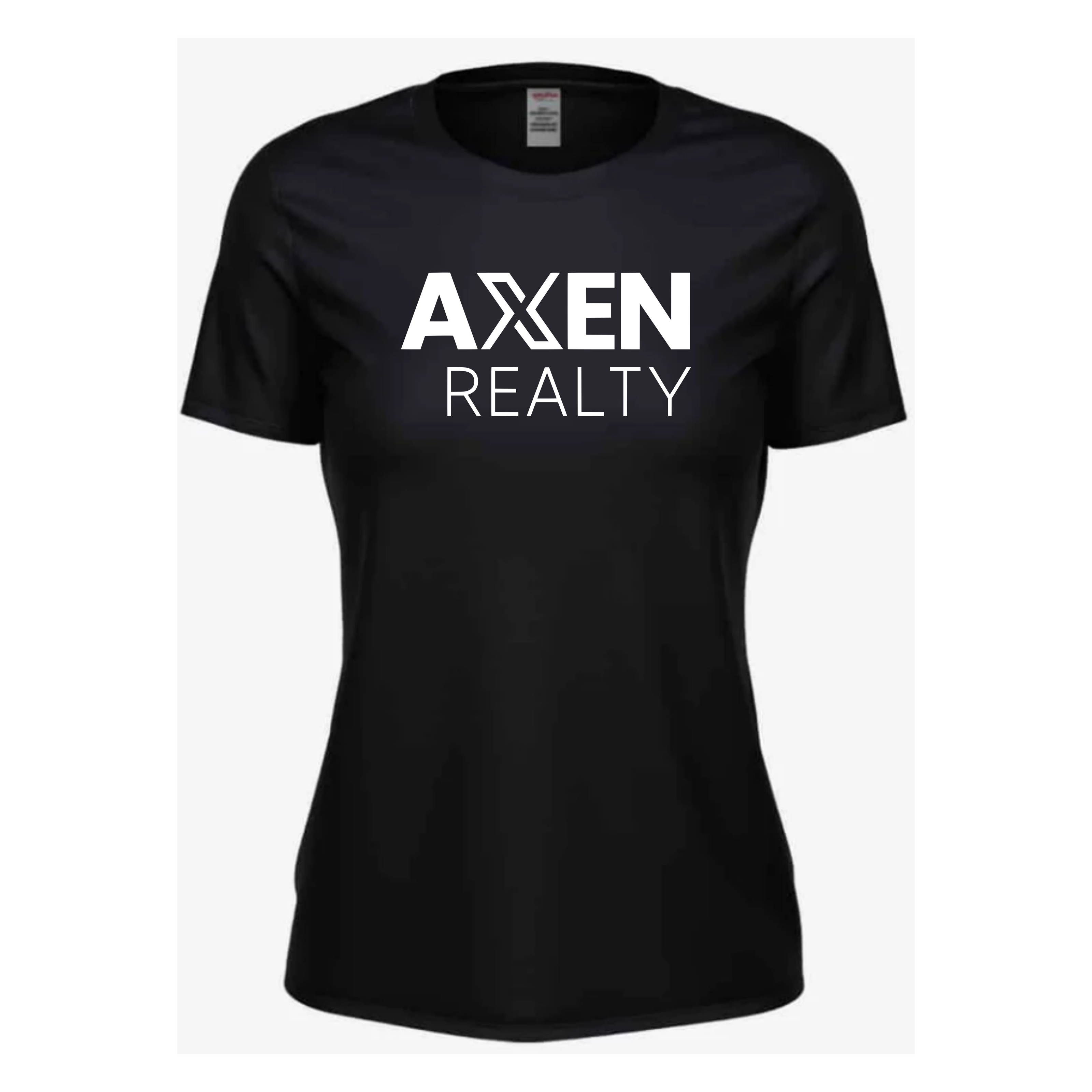 Black womens AXEN Realty T-shirt with a white DTF-printed logo across the front