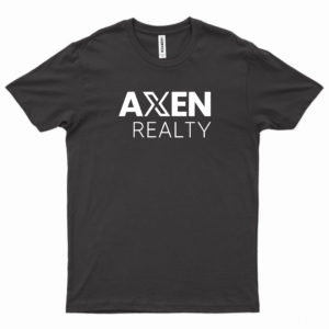Black AXEN Realty T-shirt with a white DTF-printed logo across the front