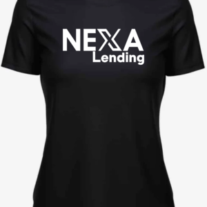 Black women's NEXA Lending T-shirt with a white DTF-printed logo across the front