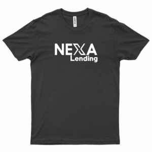 Black NEXA Lending T-shirt with a white DTF-printed logo across the front