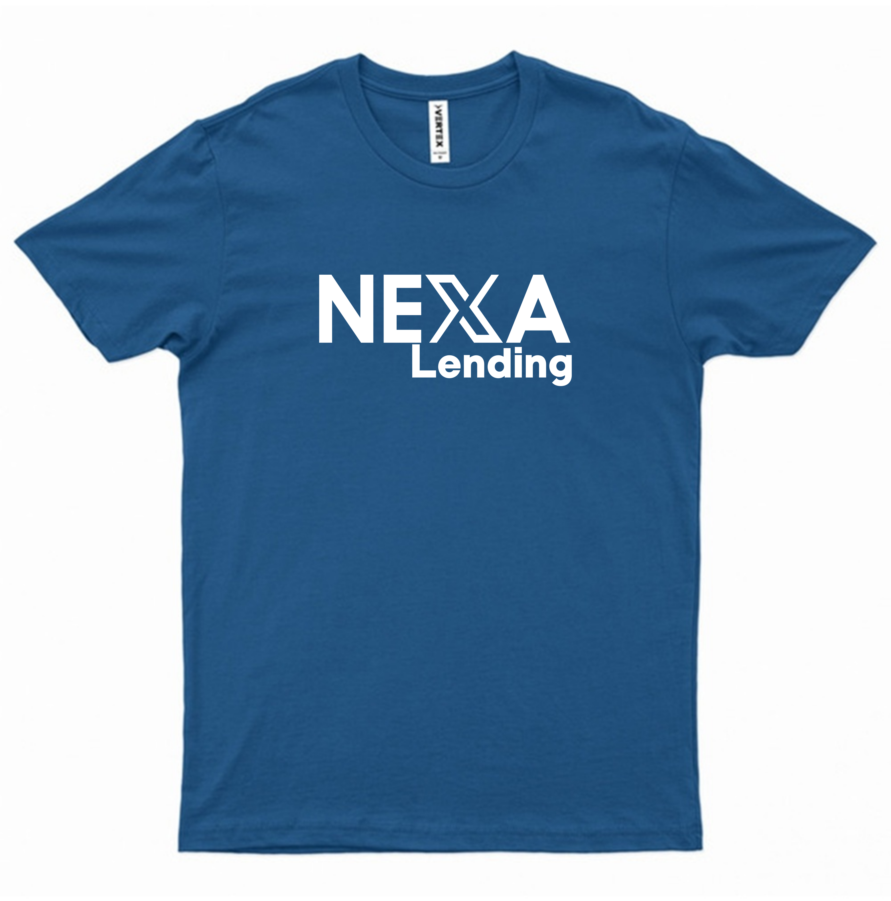 Blue NEXA Lending T-shirt with a white DTF-printed logo across the front