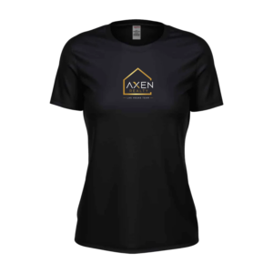 Black Ladies AXEN Realty Las Vegas Team T-shirt with a white and gold DTF-printed logo on the front.