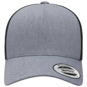 Heather gray YP Classics 5-panel retro trucker cap with black mesh back for custom DTF printing.