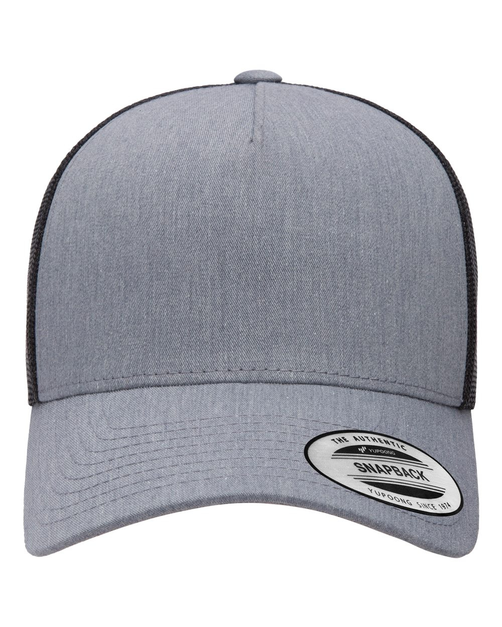Heather gray YP Classics 5-panel retro trucker cap with black mesh back for custom DTF printing.