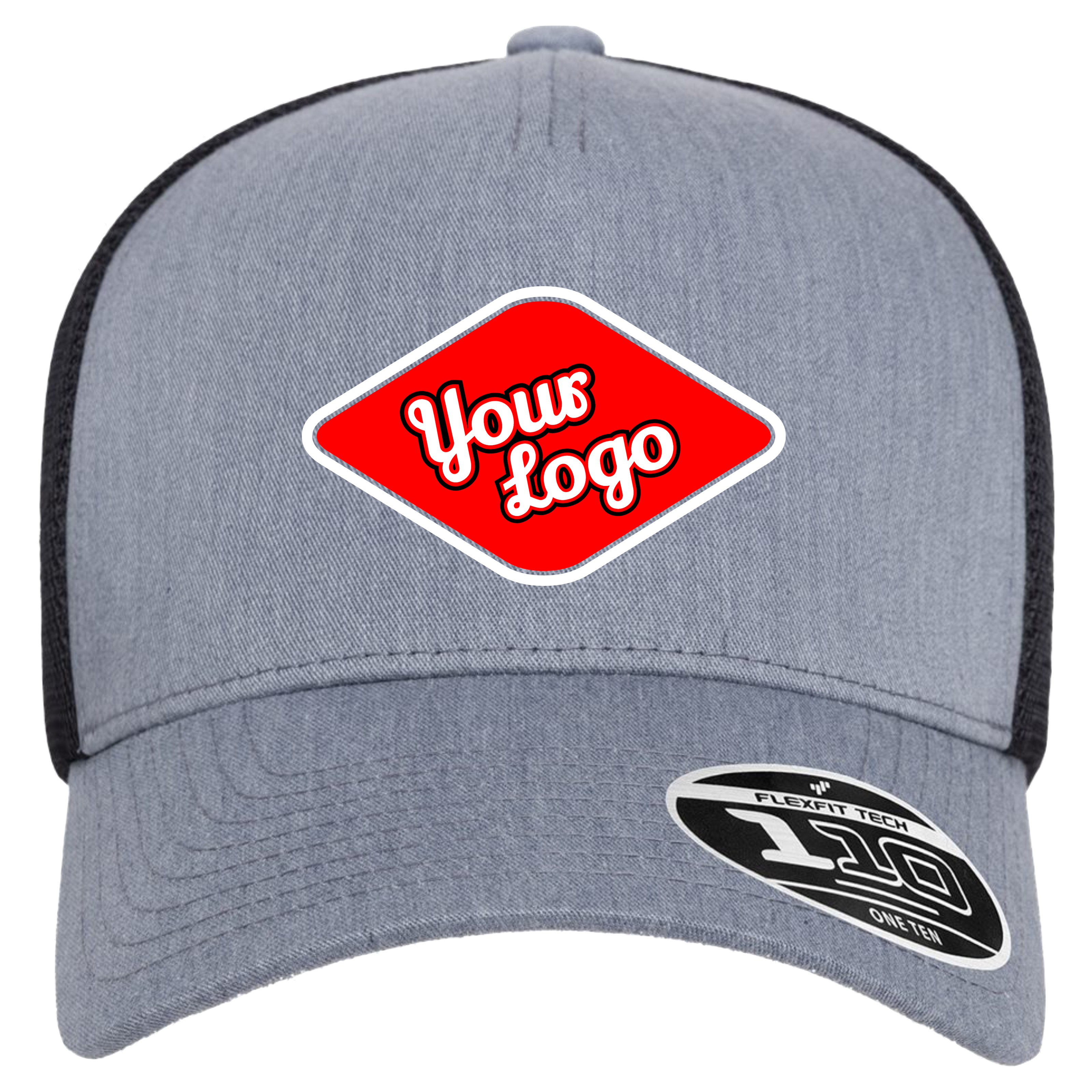 Heather gray and black custom Flexfit 110M5 five-panel mesh hat with red logo placement.