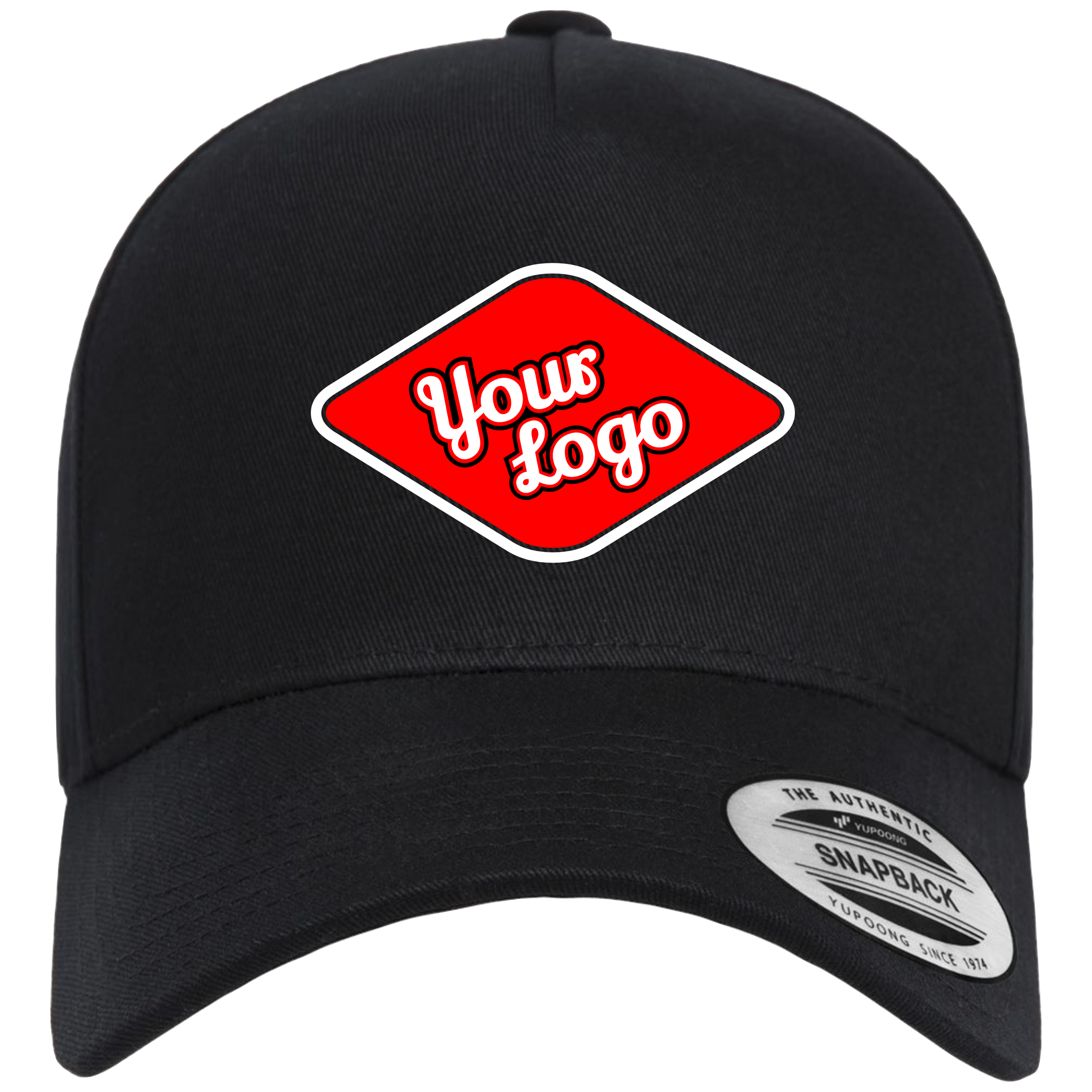Black custom YP Classics 5079 five-panel snapback hat with red logo placement.