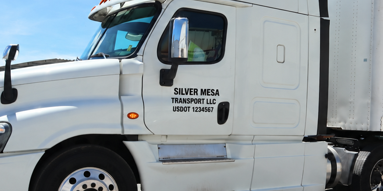 White semi truck with black carrier-name and USDOT lettering on the cab door.